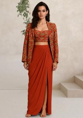 Red Floral Print Crepe Fusion Set