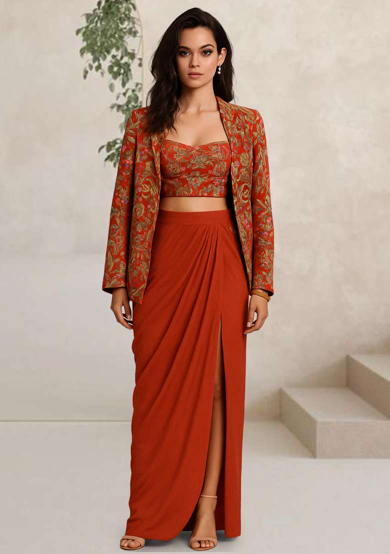 Red Floral Print Crepe Fusion Set - Indya