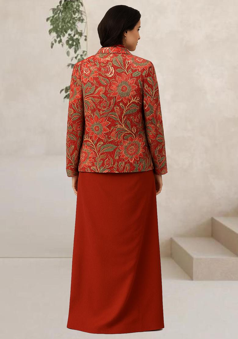 Red Floral Print Crepe Fusion Set - Indya