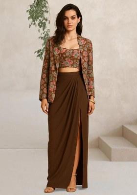 Brown Floral Print Crepe Fusion Set