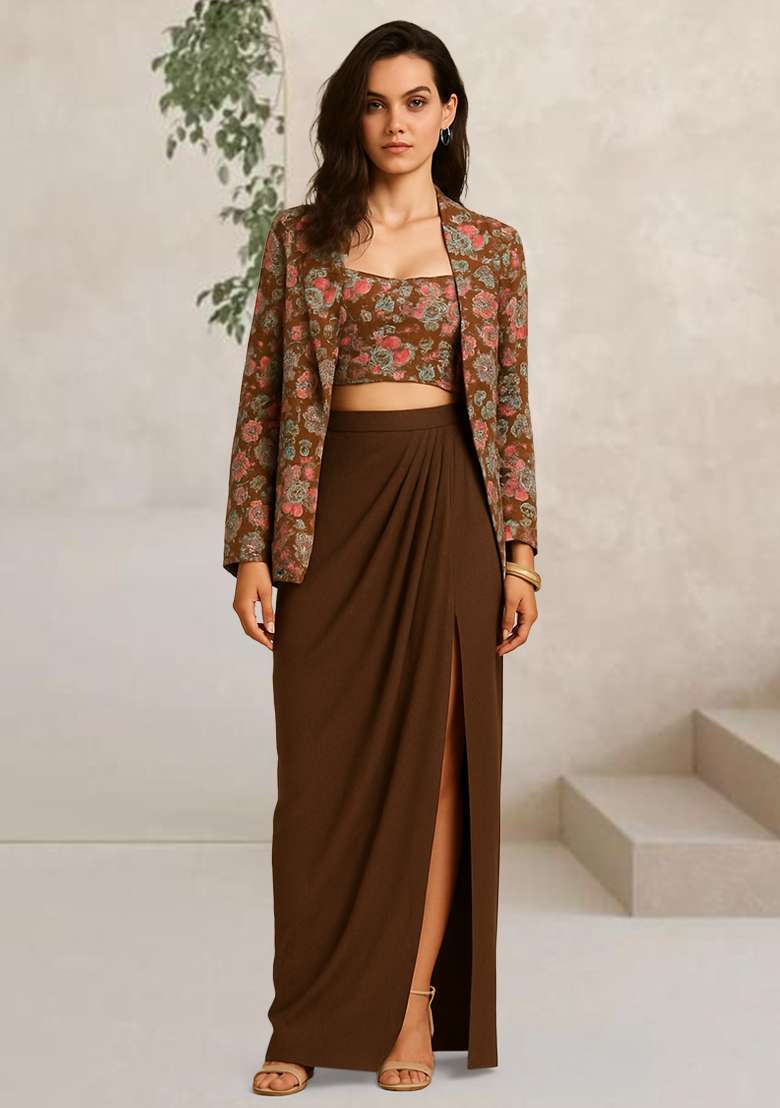 Brown Floral Print Crepe Fusion Set - Indya