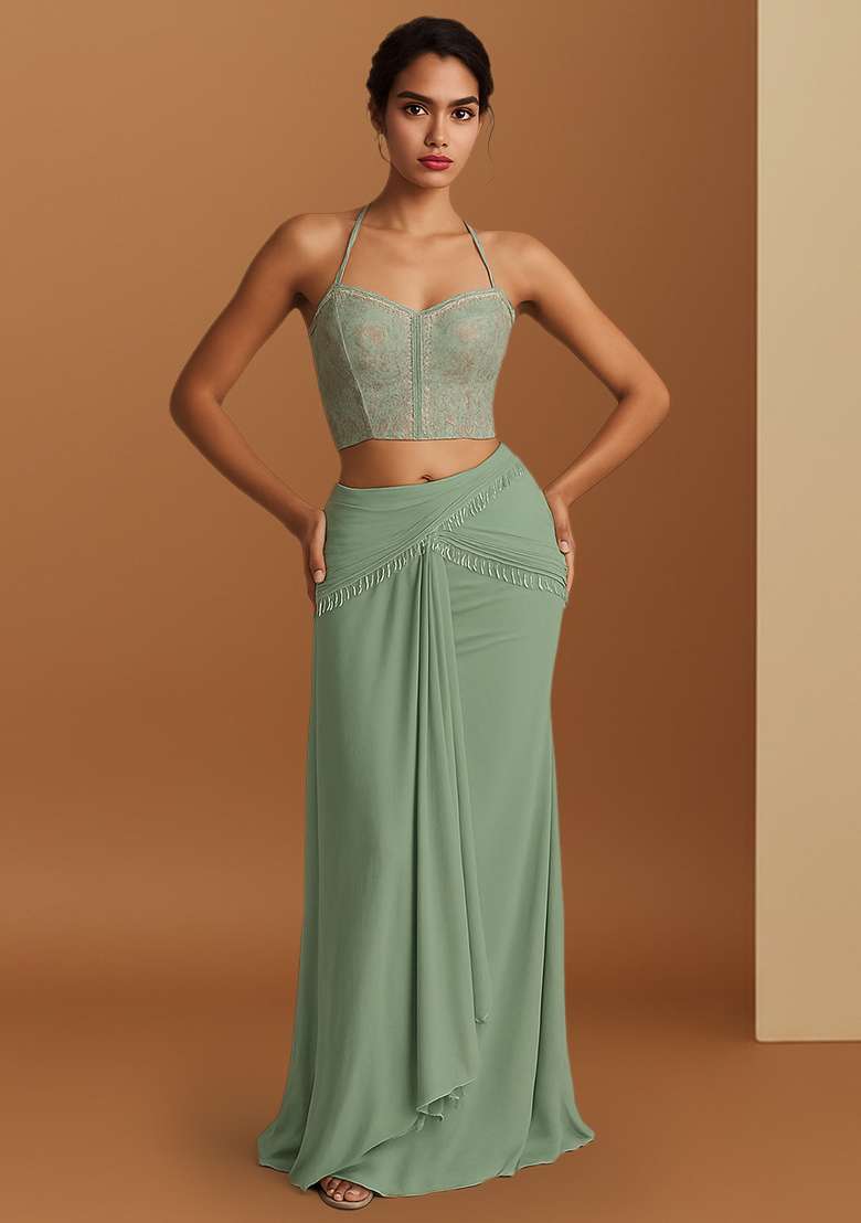 Multicolour Silk Fusion Set with Embroidered & Corset Blouse for Diwali | Wedding & Festive Wear - Indya