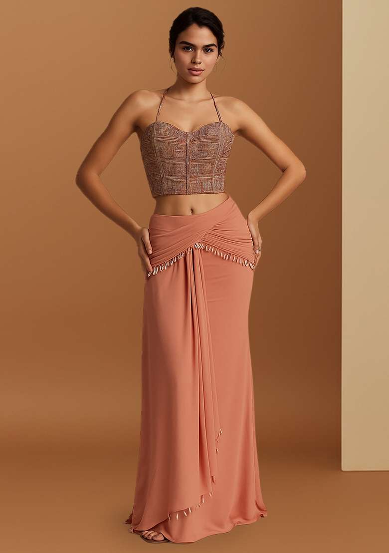 Multicolour Silk Fusion Set with Embroidered & Corset Blouse for Diwali | Wedding & Festive Wear - Indya