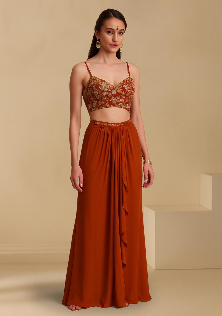 Red Floral Print Crepe Fusion Set - Indya