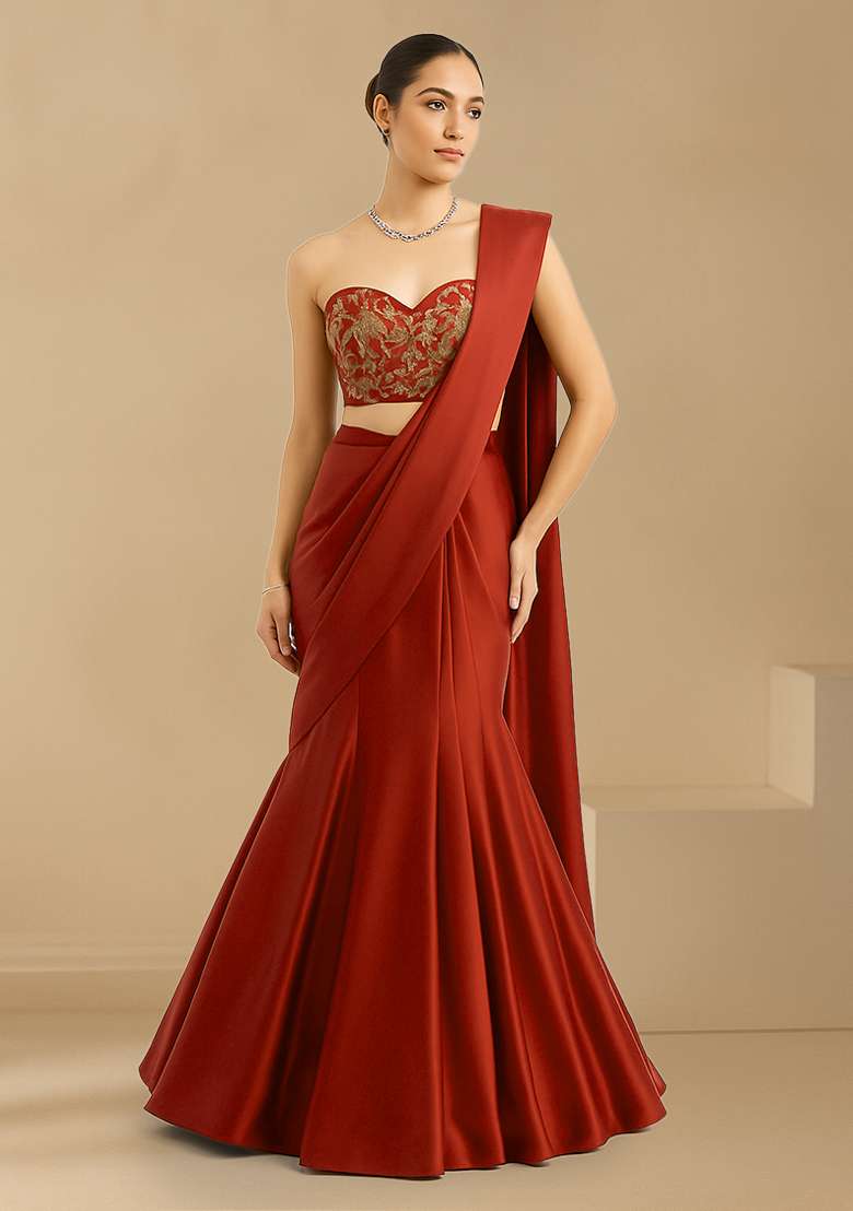 Red Floral Print Crepe Corset Blouse Lehenga Set - Indya