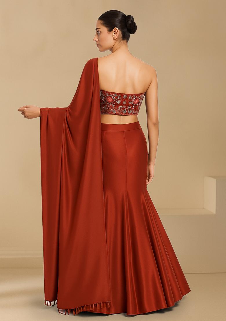 Red Floral Print Crepe Lehenga Set - Indya