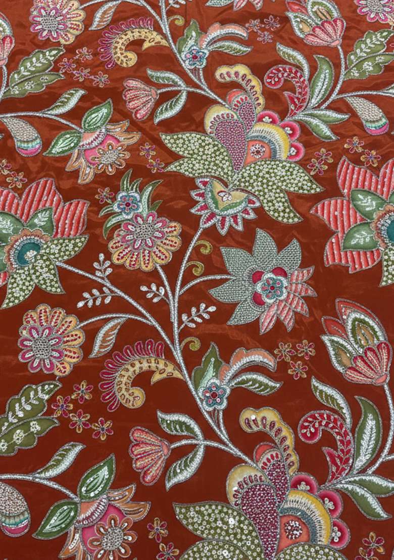 Red Floral Print Crepe Corset Blouse Lehenga Set - Indya