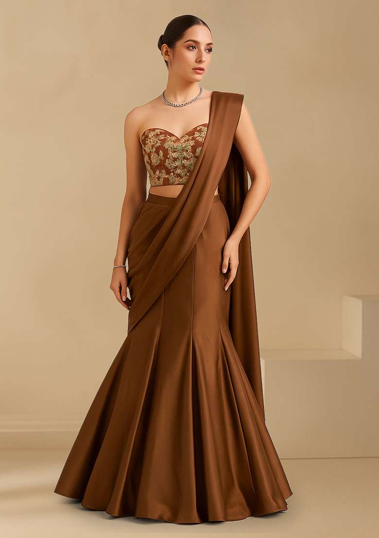 Brown Floral Print Crepe Corset Blouse Lehenga Set - Indya