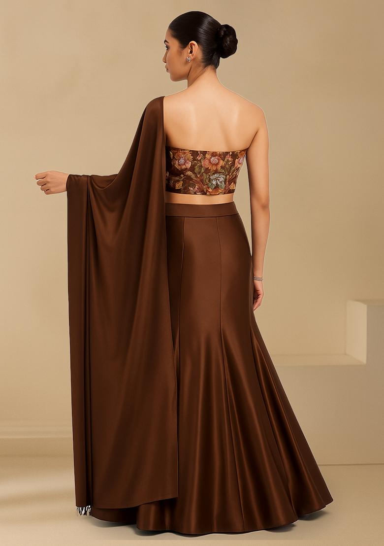 Brown Floral Print Crepe Lehenga Set - Indya
