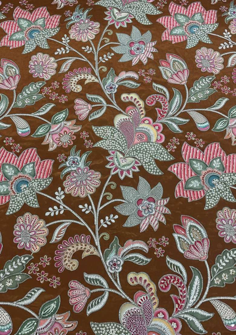 Brown Floral Print Crepe Corset Blouse Lehenga Set - Indya