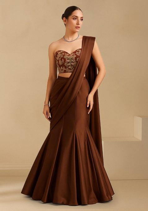 Brown Floral Print Crepe Lehenga Set