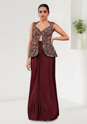 Multicolour Embroidered Crepe Fusion Set