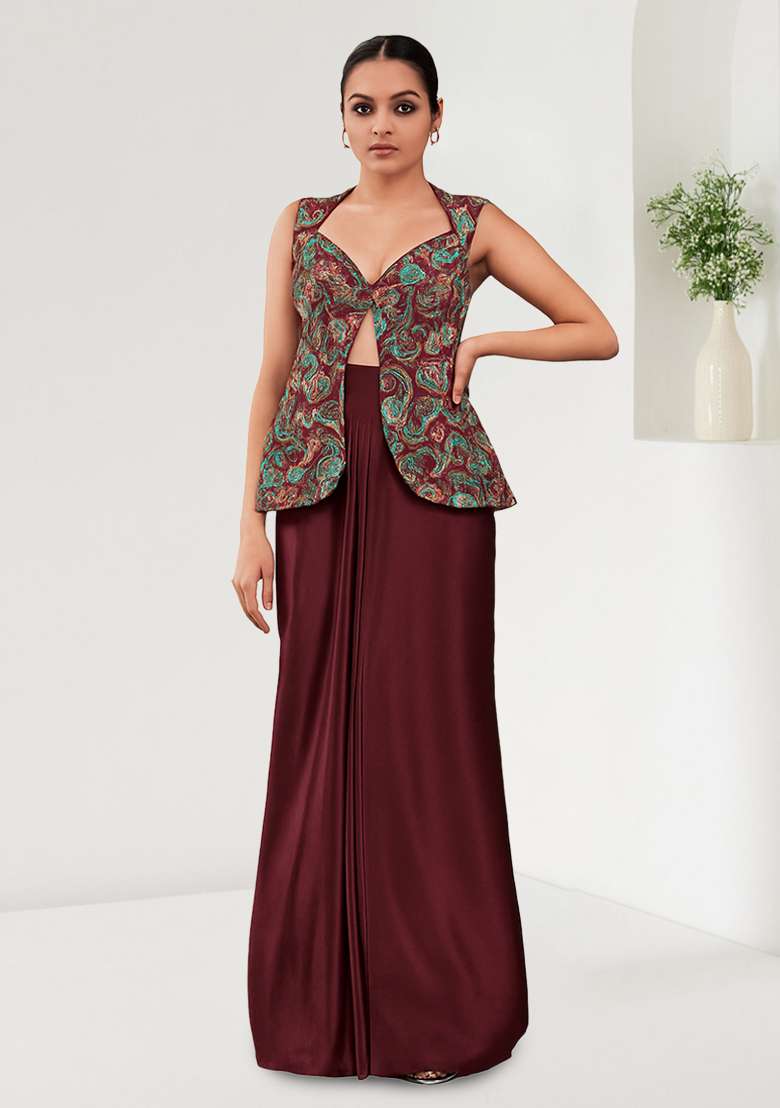 Multicolour Embroidered Crepe Fusion Set for Diwali and Festive Wear - Indya