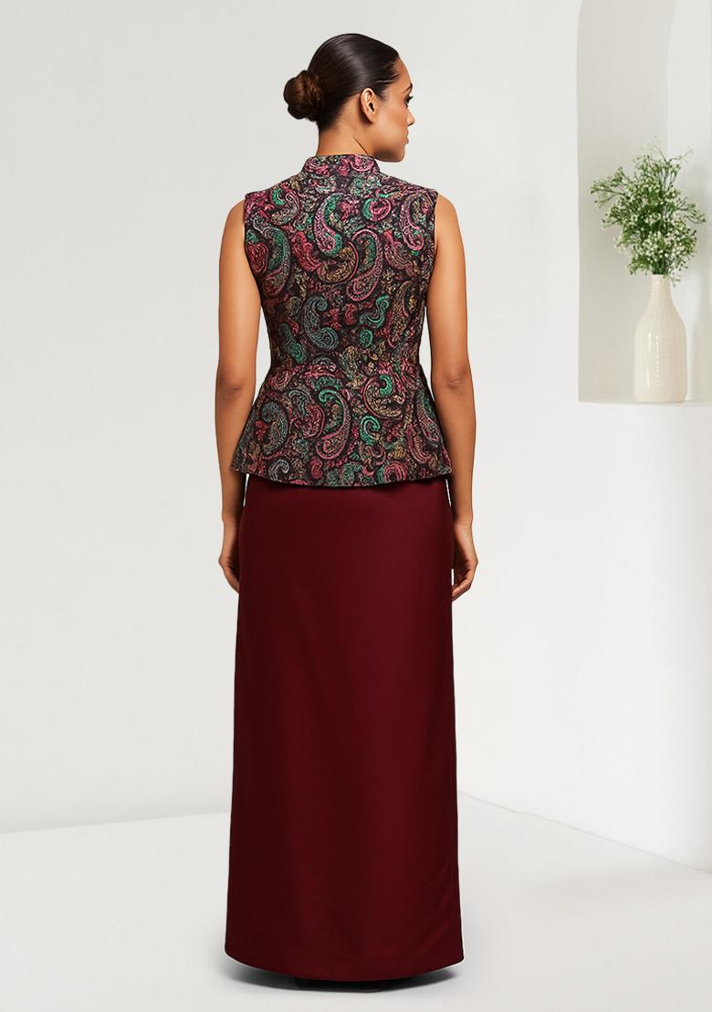 Multicolour Embroidered Crepe Fusion Set - Indya