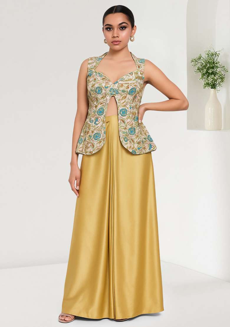 Multicolour Crepe Fusion Set with Embroidered for Diwali | Wedding & Festive Wear - Indya