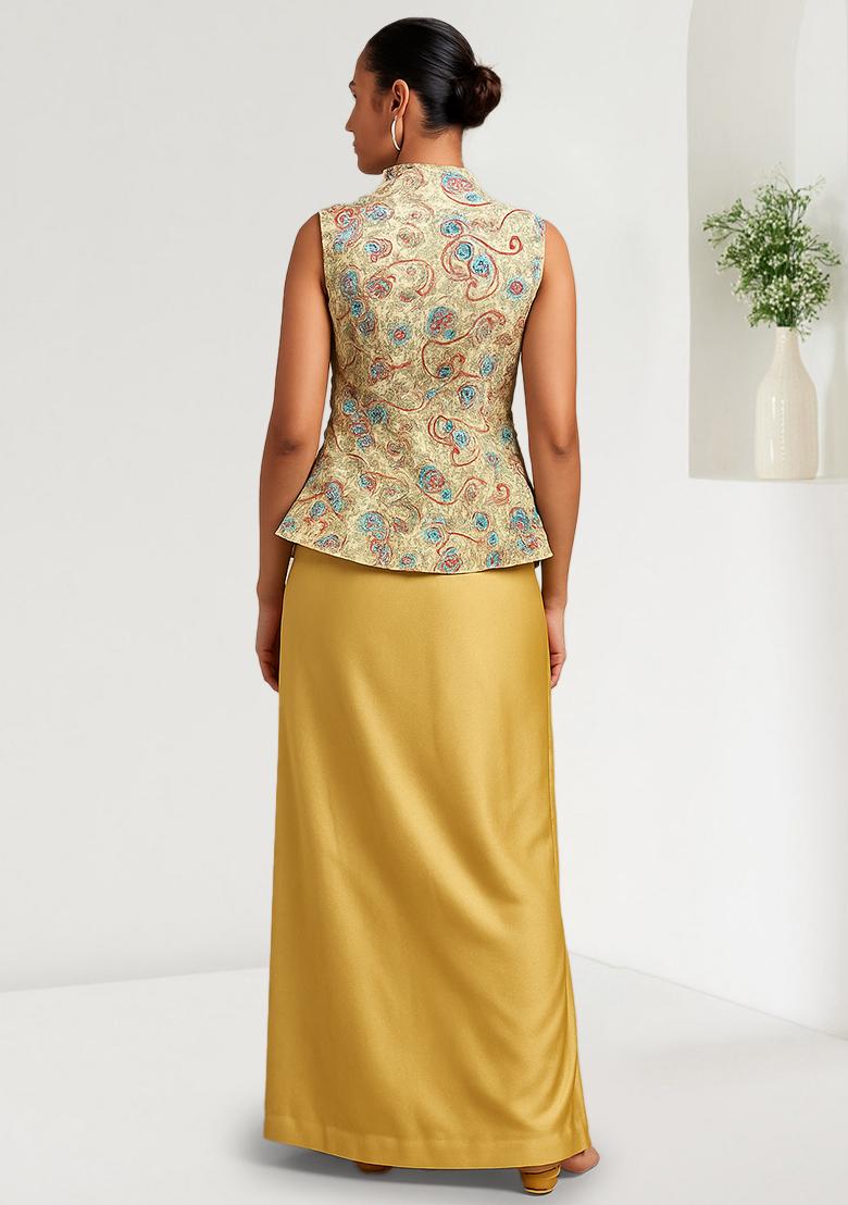 Multicolour Embroidered Crepe Fusion Set - Indya