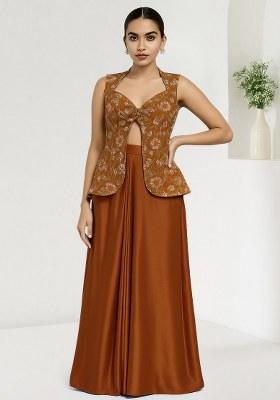 Mustard Embroidered Crepe Fusion Set