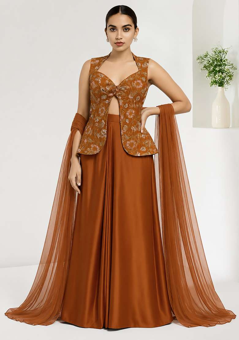 Mustard Crepe Fusion Set with Embroidered for Diwali | Wedding & Festive Wear - Indya