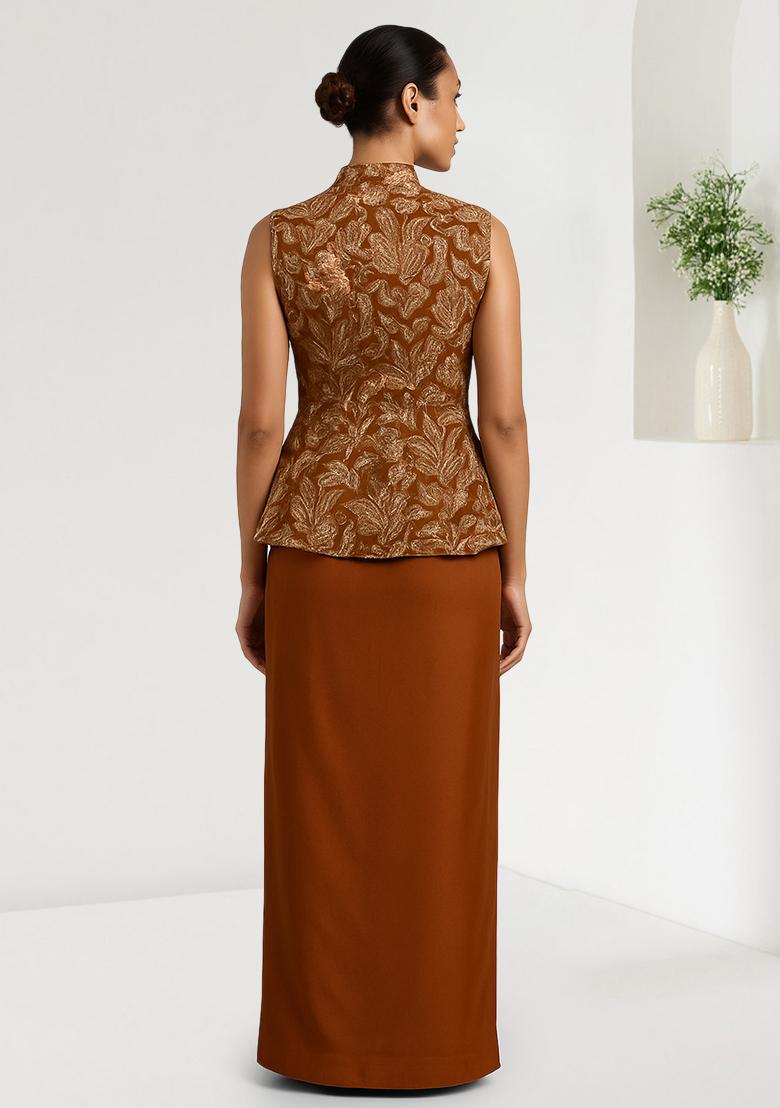 Mustard Embroidered Crepe Fusion Set - Indya