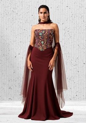 Multicolour Embroidered Crepe Fusion Set