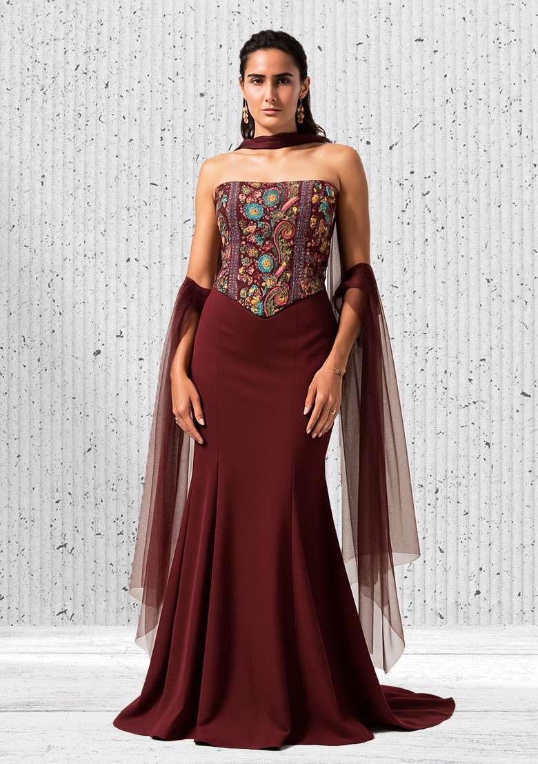 Multicolour Embroidered Crepe Corset Blouse Fusion Set - Indya