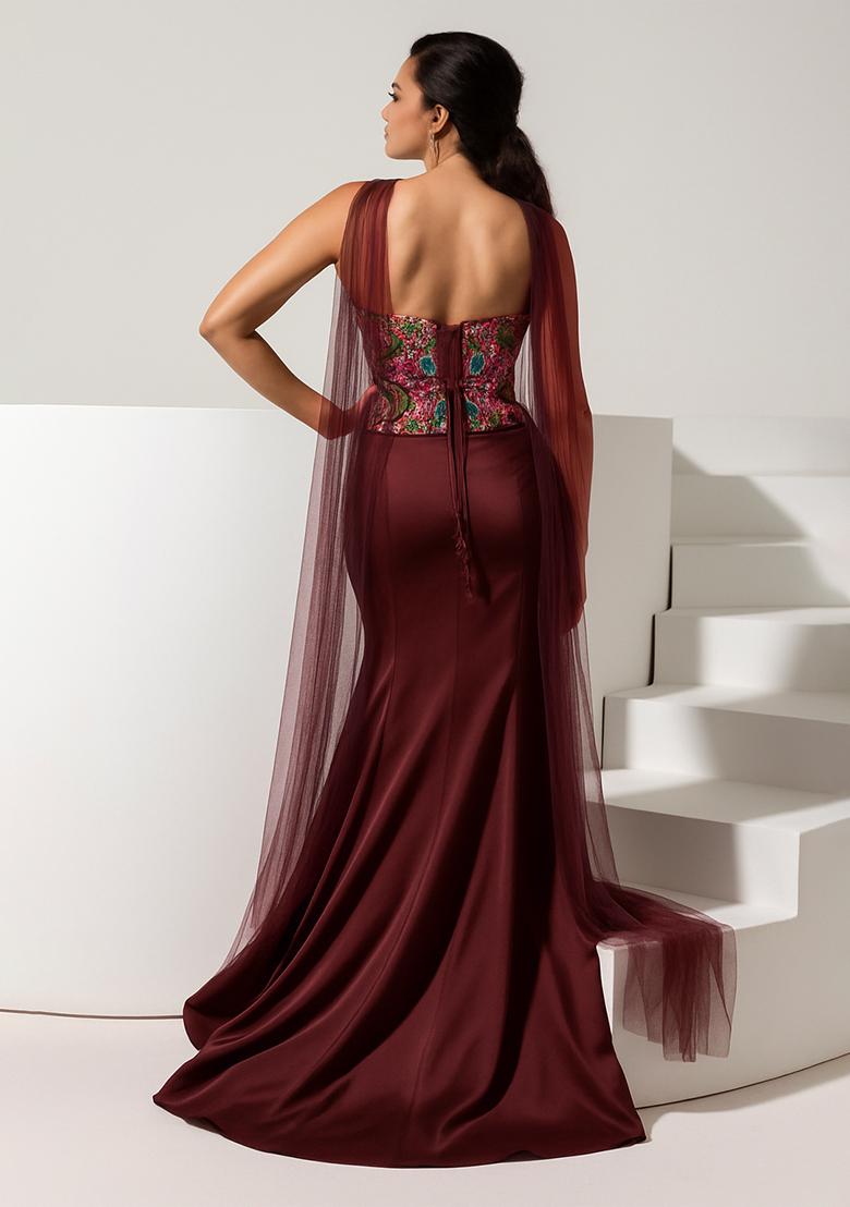 Multicolour Embroidered Crepe Fusion Set - Indya