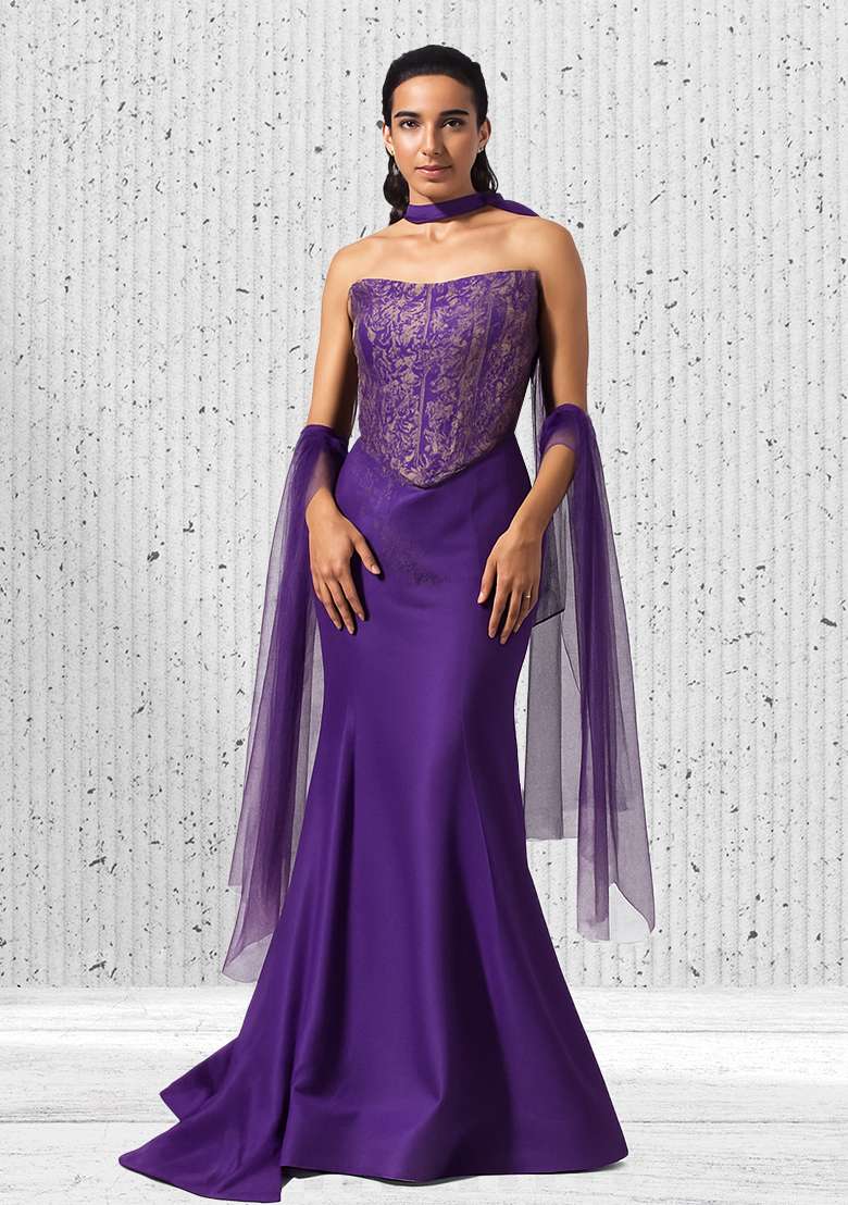 Blue Brocade Corset Blouse Fusion Set - Indya
