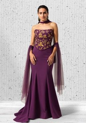 Purple Embroidered Silk Fusion Set