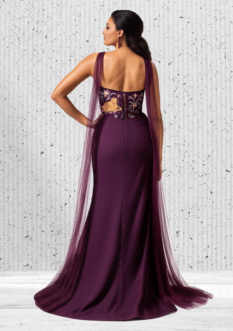 Purple Embroidered Silk Fusion Set - Indya