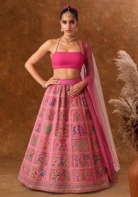 Pink Figure Print Silk Lehenga Set