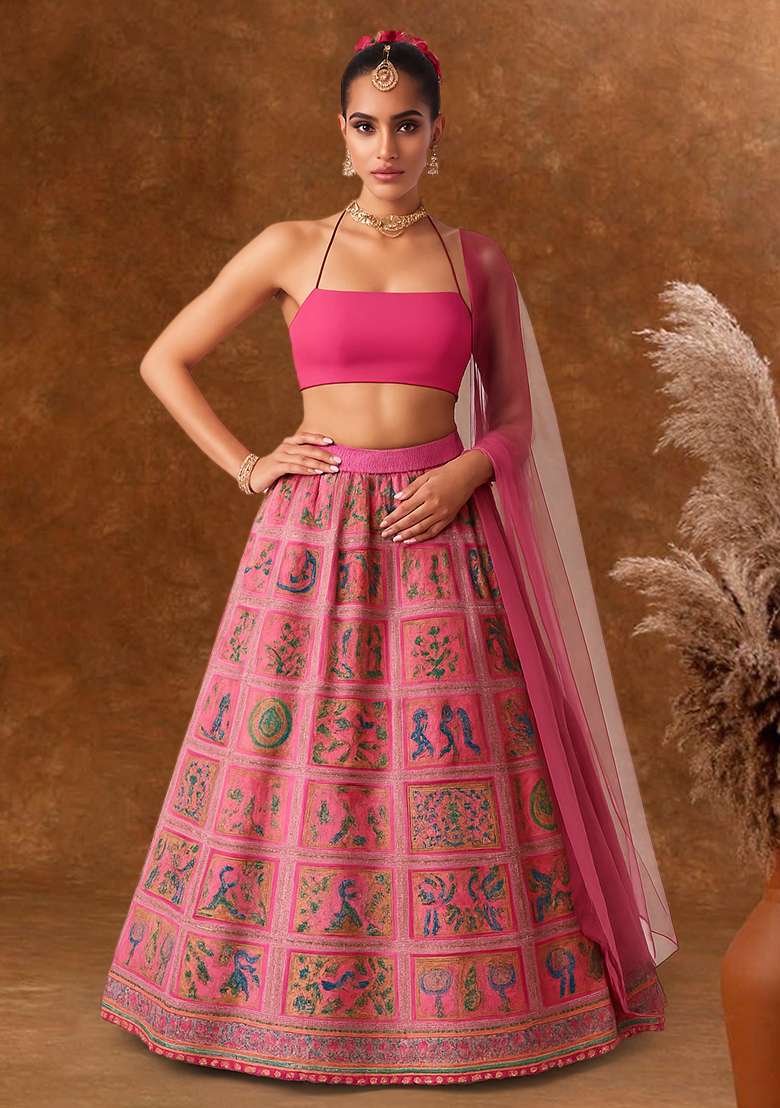 Pink Figure Print Silk Lehenga Set - Indya