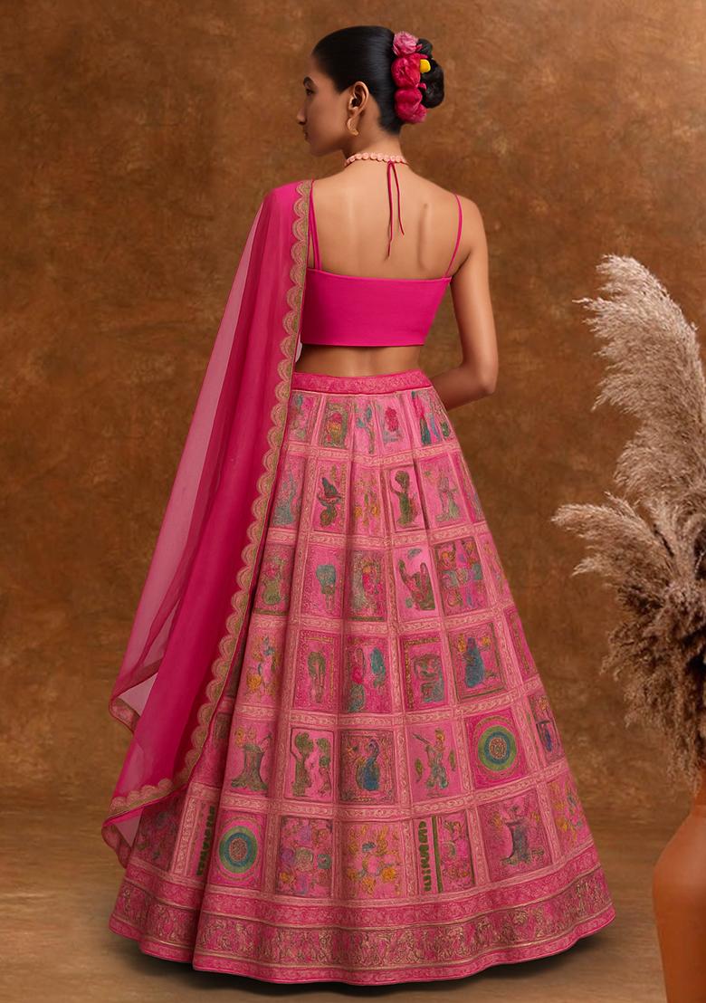 Pink Figure Print Silk Lehenga Set - Indya
