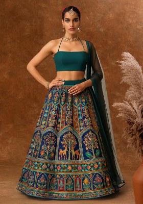 Blue Embroidered Crepe Lehenga Set