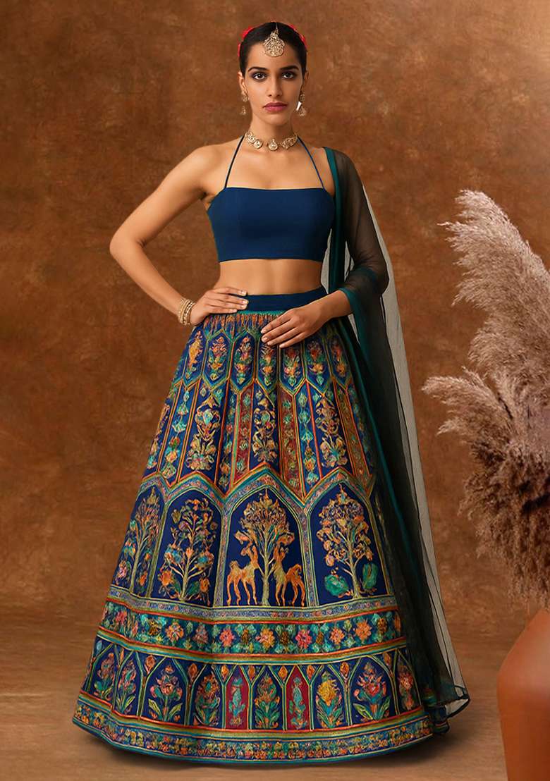Blue Embroidered Crepe Lehenga Set - Indya