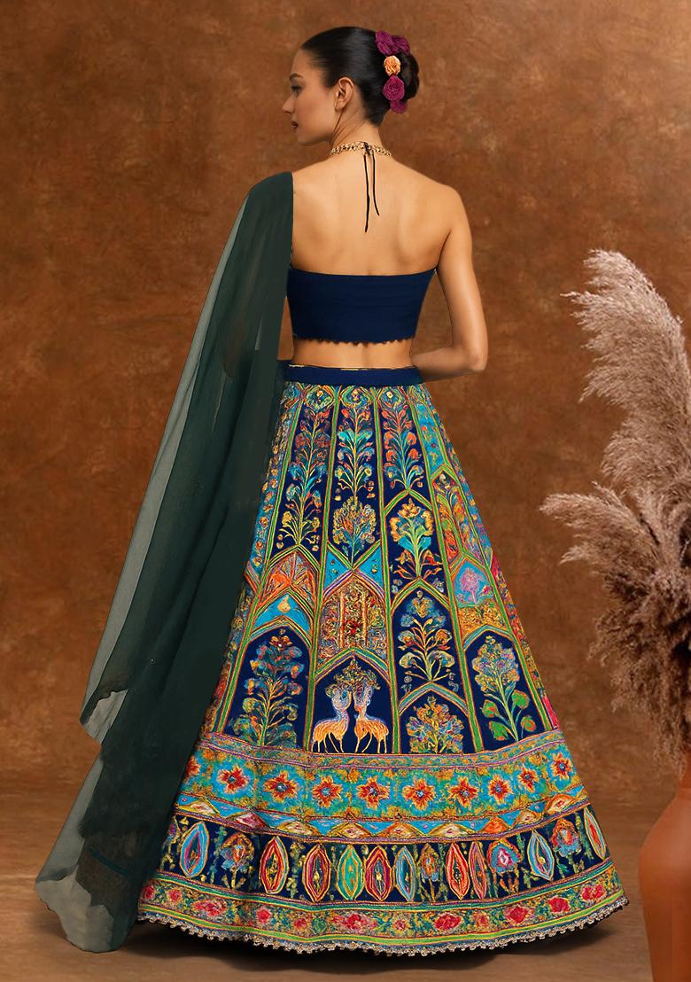 Blue Embroidered Crepe Lehenga Set - Indya
