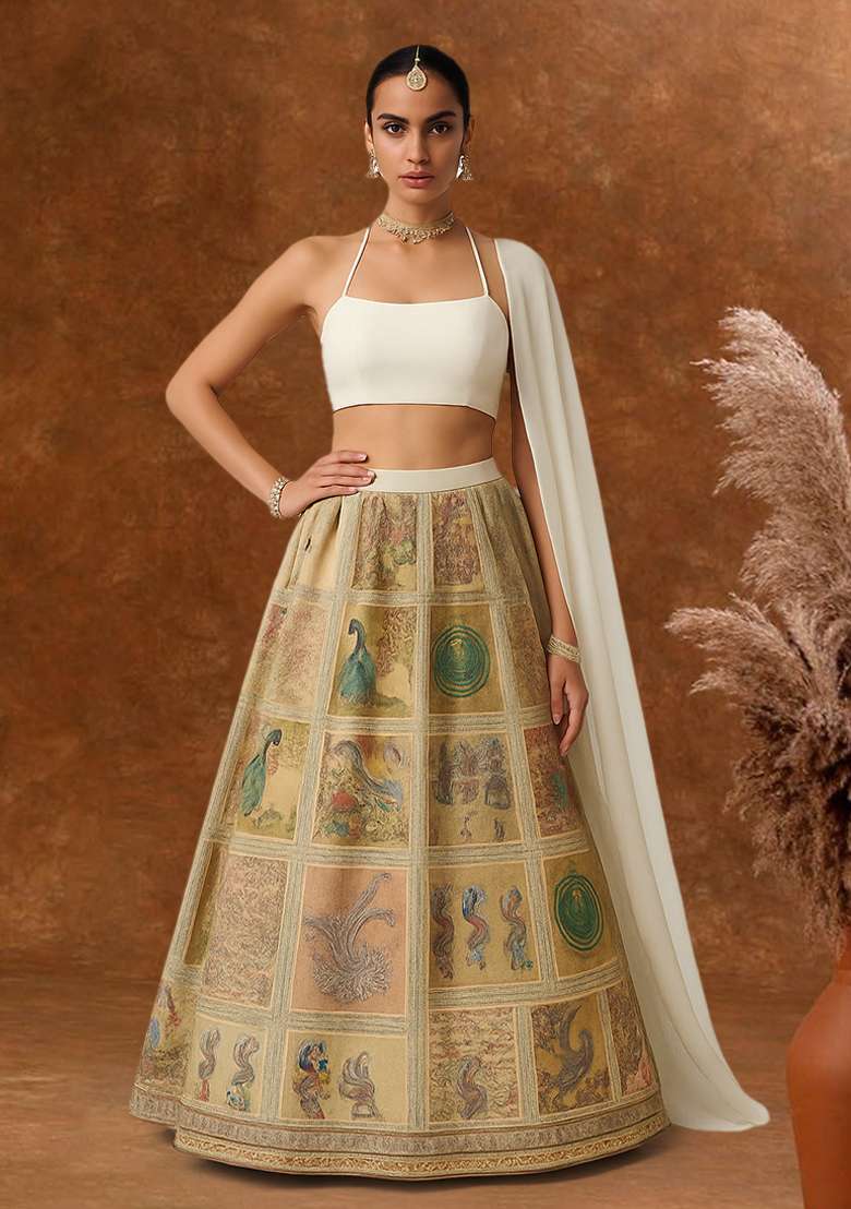 Multicolour Figure Print Silk Lehenga Set - Indya