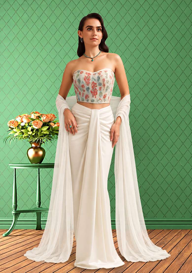 Multicolour Silk Printed Corset Blouse Fusion Set for Diwali and Festive Wear - Indya
