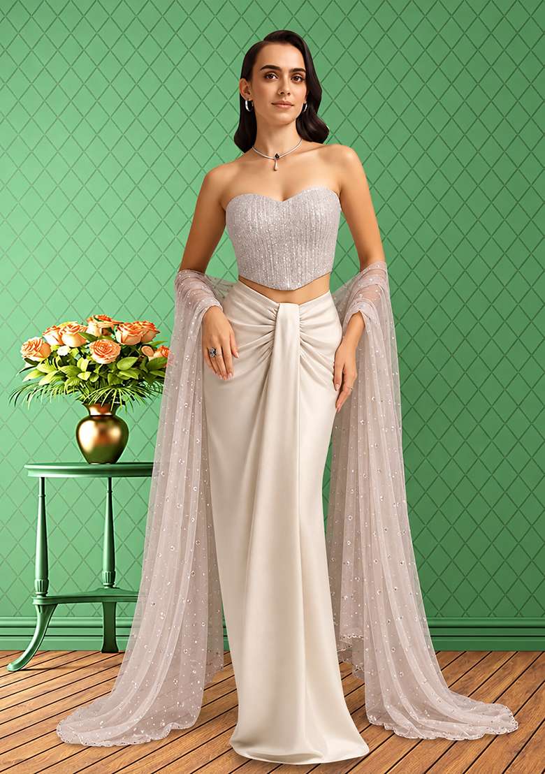 White Sequin Net Corset Blouse Fusion Set for Diwali and Festive Wear - Indya