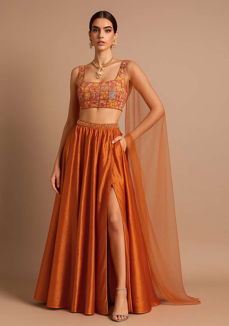 Red Silk Printed Lehenga Set - Indya