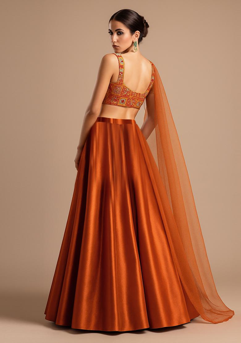 Red Silk Printed Lehenga Set - Indya