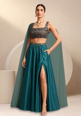 Multicolour Embroidered Silk Lehenga Set