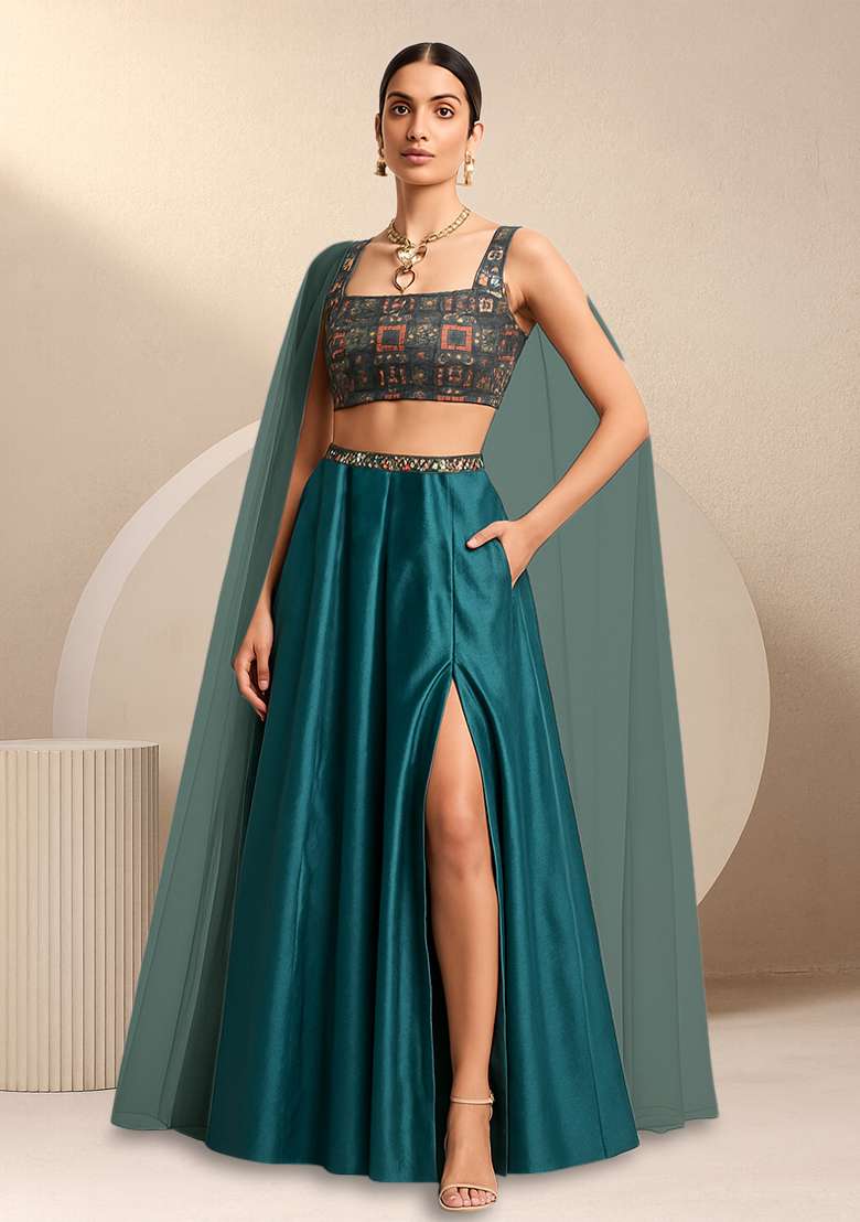 Multicolour Embroidered Silk Lehenga Set - Indya