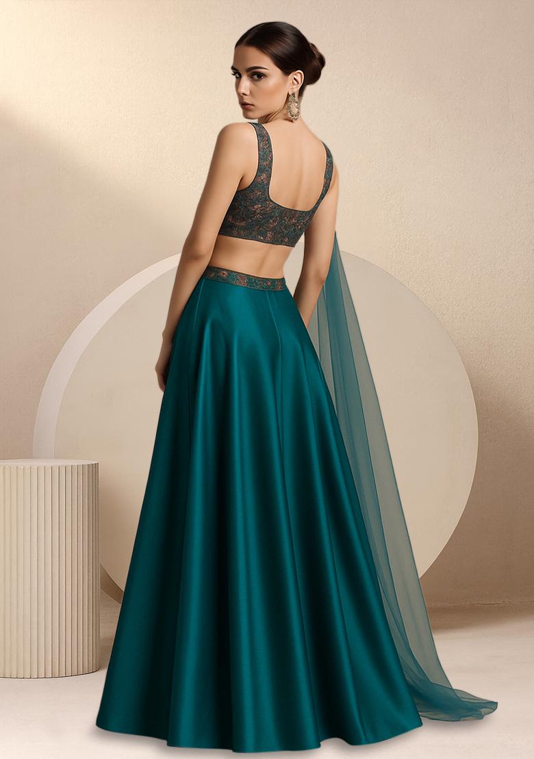 Multicolour Embroidered Silk Lehenga Set - Indya