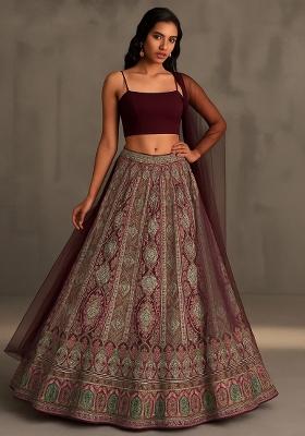 Red Embroidered Crepe Lehenga Set
