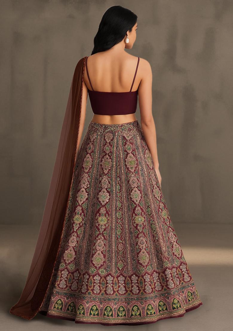 Red Embroidered Crepe Lehenga Set - Indya