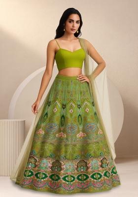 Green Embroidered Crepe Lehenga Set