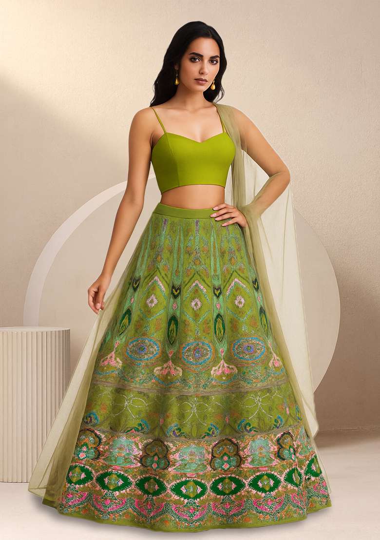 Green Embroidered Crepe Lehenga Set - Indya