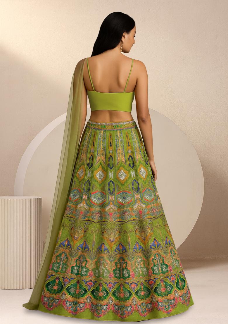 Green Embroidered Crepe Lehenga Set - Indya