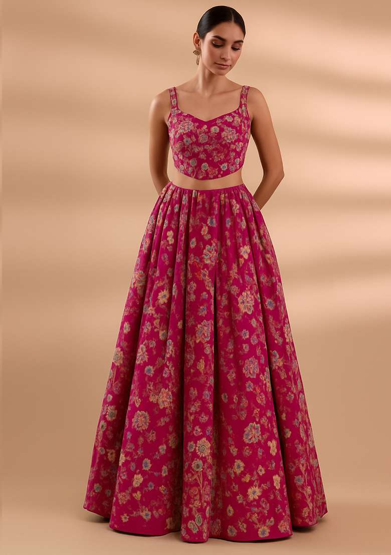 Pink Embroidered Crepe Lehenga Set - Indya