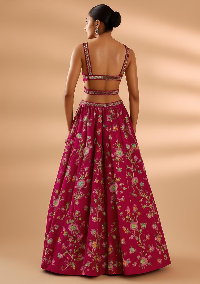Pink Embroidered Crepe Lehenga Set - Indya
